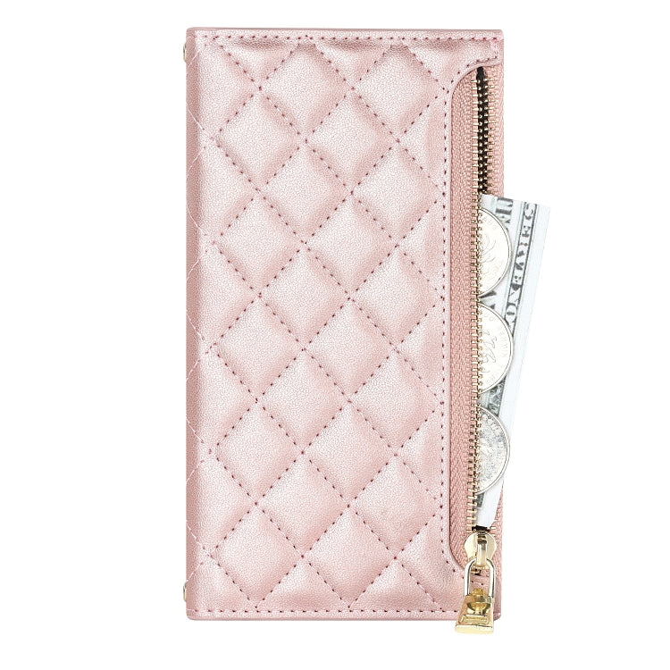 For iPhone 14 Pro Max Grid Texture Lanyard Zipper Leather Phone Case