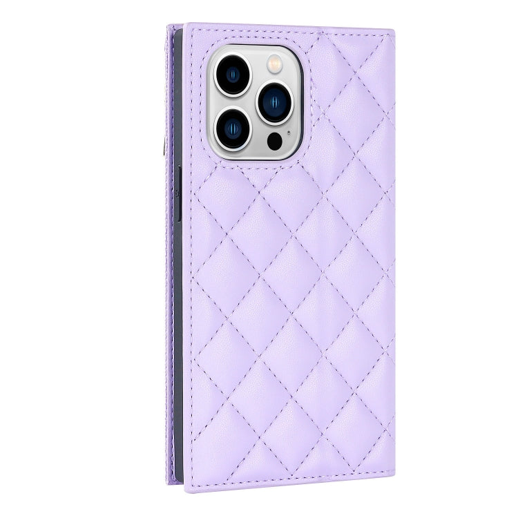 For iPhone 14 Pro Max Grid Texture Lanyard Zipper Leather Phone Case