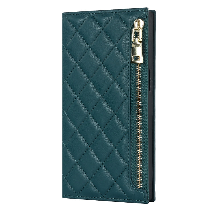 For iPhone 14 Pro Max Grid Texture Lanyard Zipper Leather Phone Case