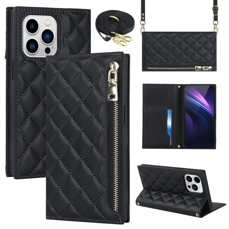 For iPhone 14 Pro Max Grid Texture Lanyard Zipper Leather Phone Case