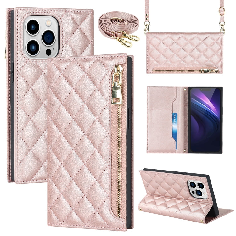 For iPhone 14 Pro Grid Texture Lanyard Zipper Leather Phone Case