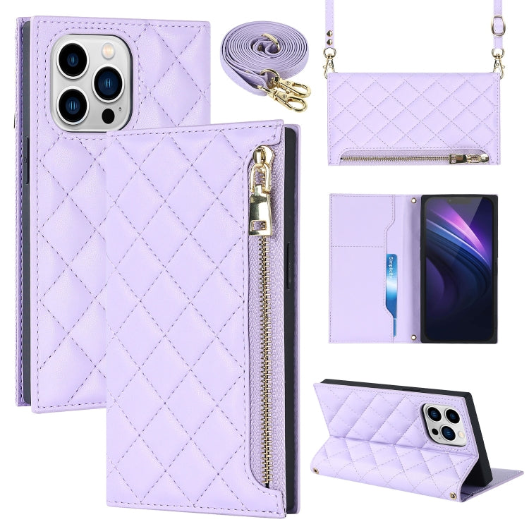 For iPhone 14 Pro Grid Texture Lanyard Zipper Leather Phone Case