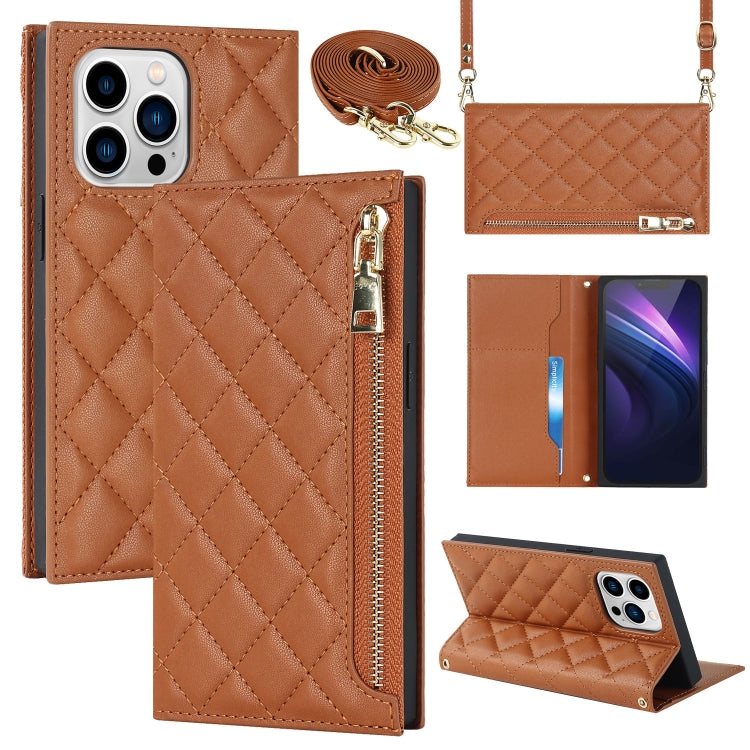 For iPhone 14 Pro Grid Texture Lanyard Zipper Leather Phone Case