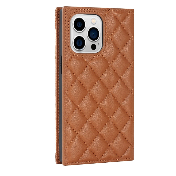 For iPhone 14 Pro Grid Texture Lanyard Zipper Leather Phone Case