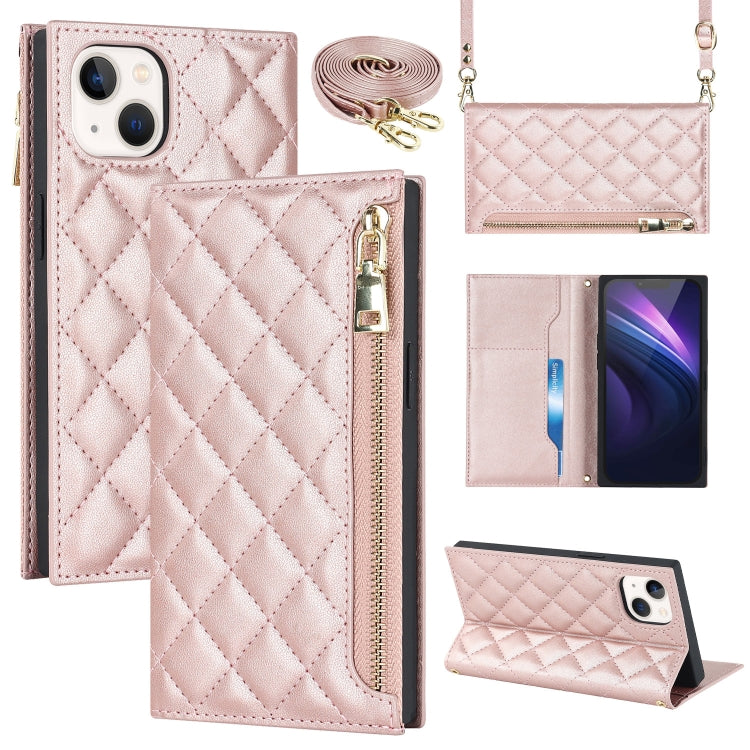 For iPhone 14 Grid Texture Lanyard Zipper Leather Phone Case