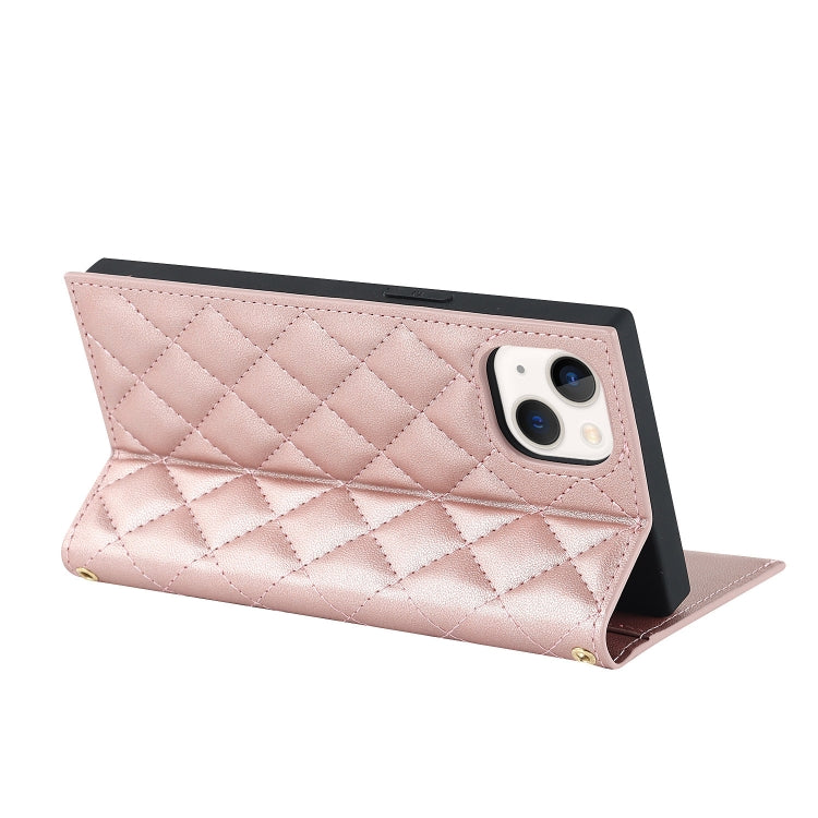 For iPhone 14 Grid Texture Lanyard Zipper Leather Phone Case