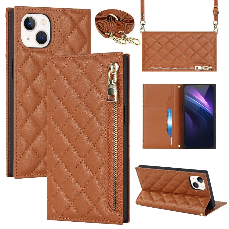 For iPhone 14 Grid Texture Lanyard Zipper Leather Phone Case