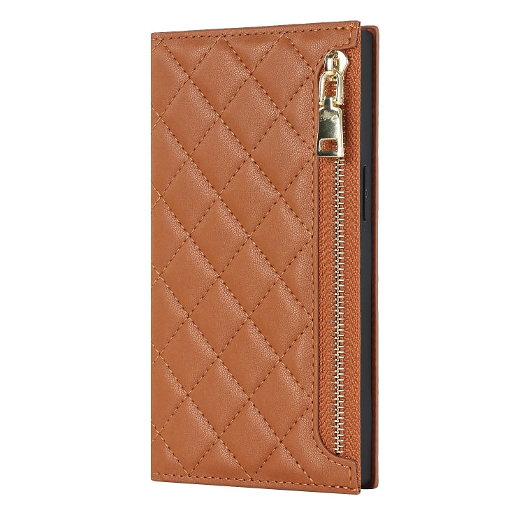 For iPhone 14 Grid Texture Lanyard Zipper Leather Phone Case
