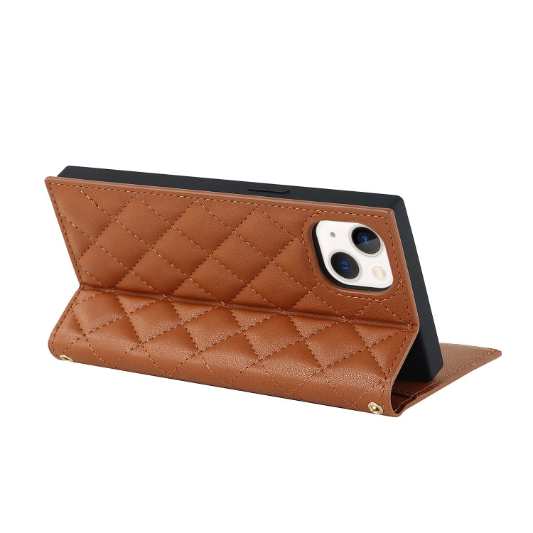 For iPhone 14 Grid Texture Lanyard Zipper Leather Phone Case