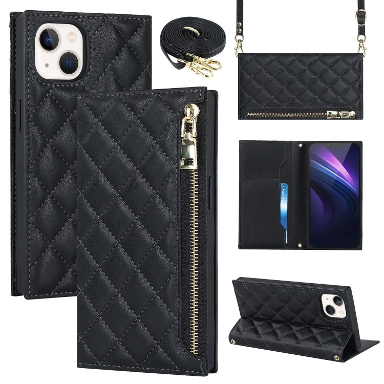 For iPhone 14 Grid Texture Lanyard Zipper Leather Phone Case