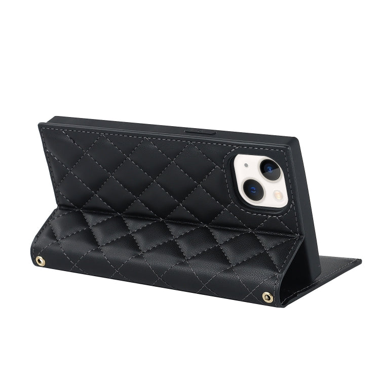 For iPhone 14 Grid Texture Lanyard Zipper Leather Phone Case