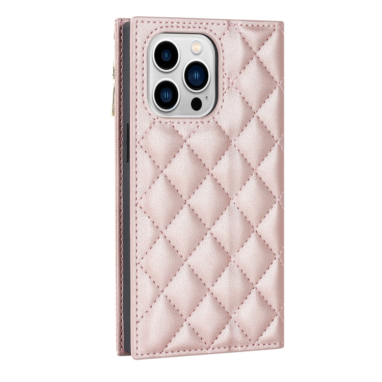 For iPhone 13 Pro Max Grid Texture Lanyard Zipper Leather Phone Case