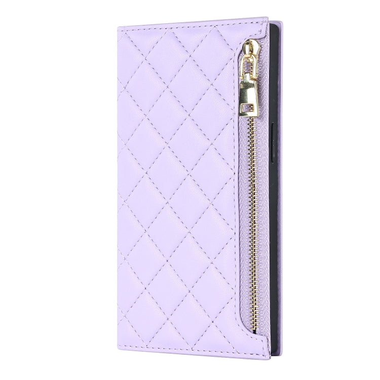 For iPhone 13 Pro Max Grid Texture Lanyard Zipper Leather Phone Case