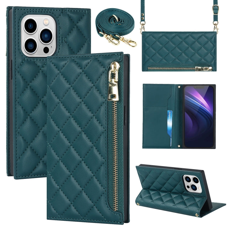 For iPhone 13 Pro Max Grid Texture Lanyard Zipper Leather Phone Case