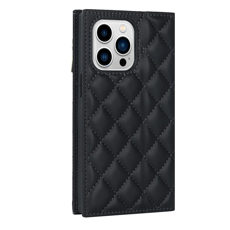 For iPhone 13 Pro Max Grid Texture Lanyard Zipper Leather Phone Case