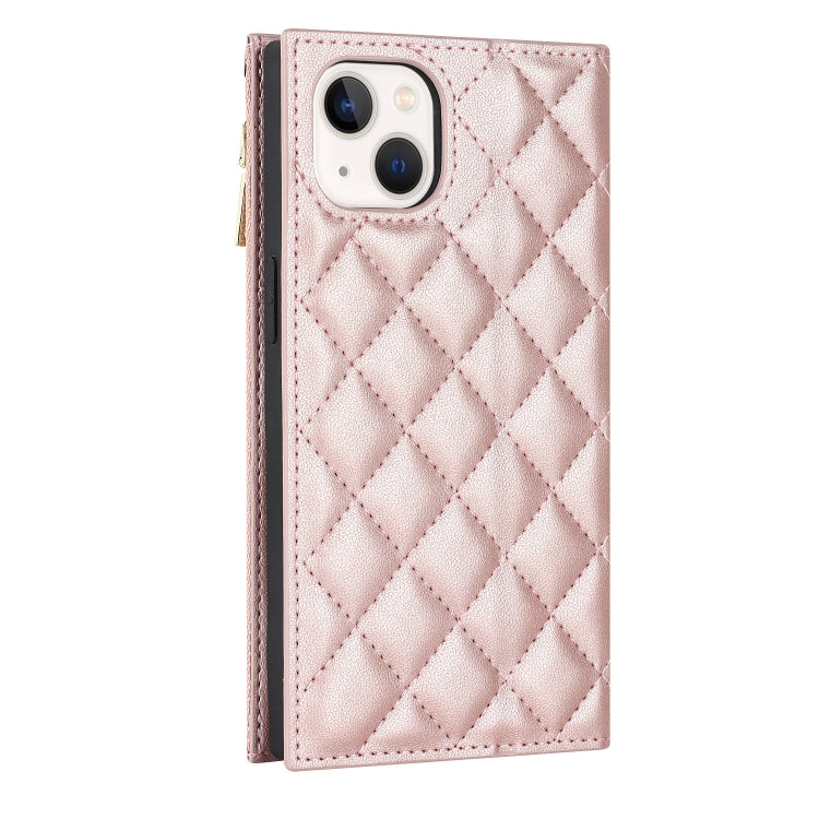For iPhone 13 Grid Texture Lanyard Zipper Leather Phone Case