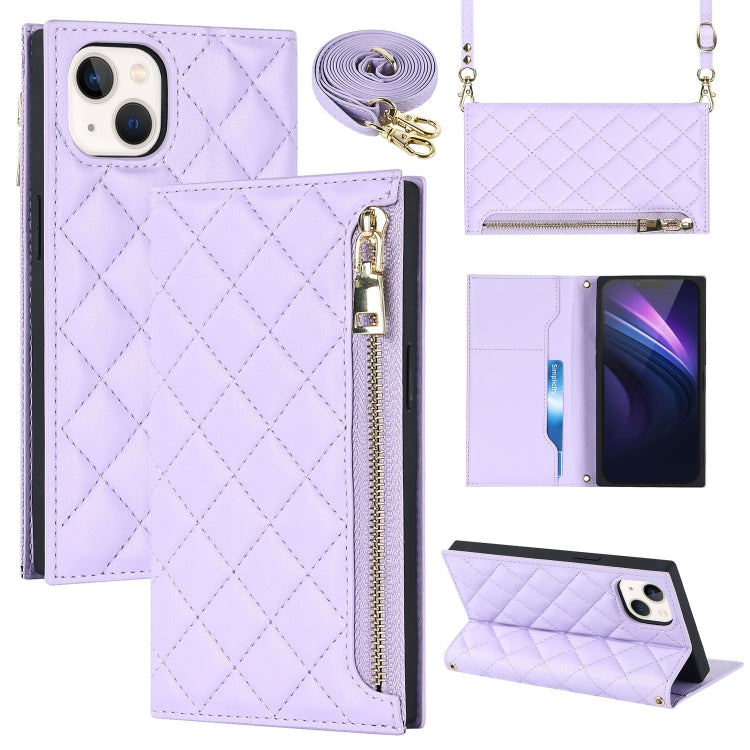For iPhone 13 Grid Texture Lanyard Zipper Leather Phone Case