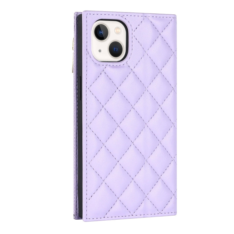 For iPhone 13 Grid Texture Lanyard Zipper Leather Phone Case