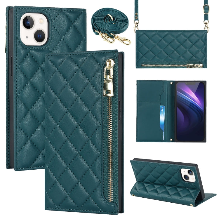 For iPhone 13 Grid Texture Lanyard Zipper Leather Phone Case