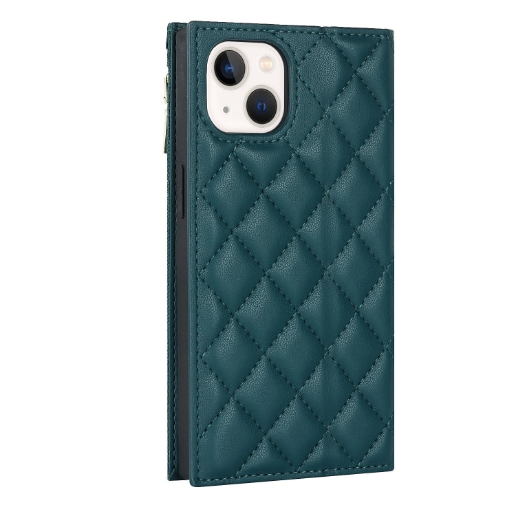 For iPhone 13 Grid Texture Lanyard Zipper Leather Phone Case