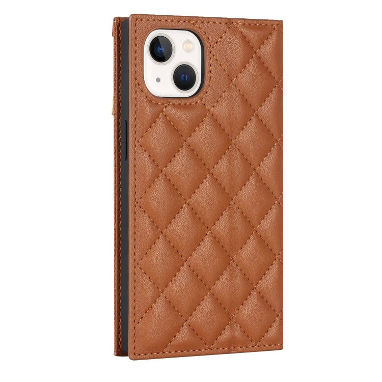 For iPhone 13 Grid Texture Lanyard Zipper Leather Phone Case