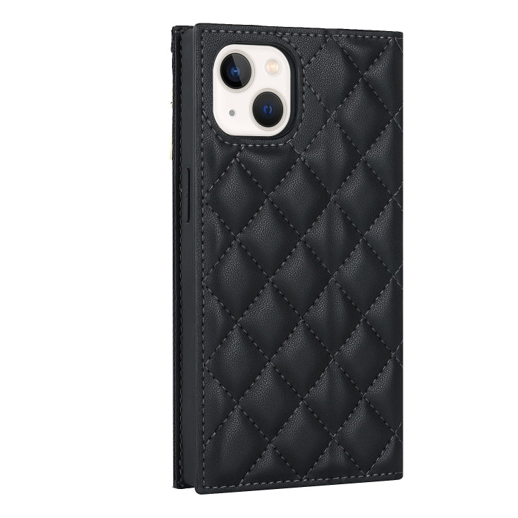 For iPhone 13 Grid Texture Lanyard Zipper Leather Phone Case