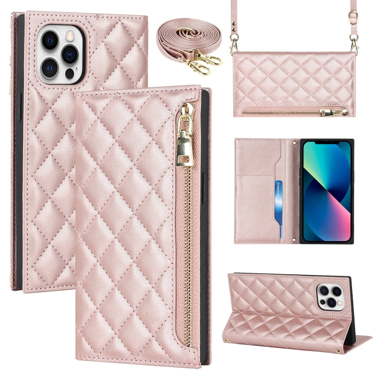 For iPhone 12 Pro Max Grid Texture Lanyard Zipper Leather Phone Case