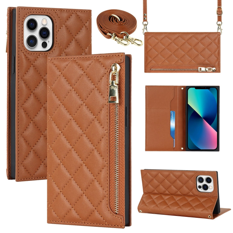 For iPhone 12 Pro Max Grid Texture Lanyard Zipper Leather Phone Case