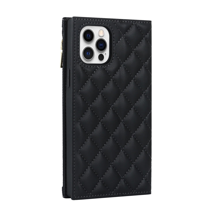 For iPhone 12 Pro Max Grid Texture Lanyard Zipper Leather Phone Case