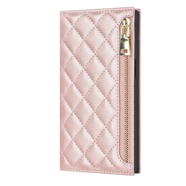 For iPhone 12 / 12 Pro Grid Texture Lanyard Zipper Leather Phone Case