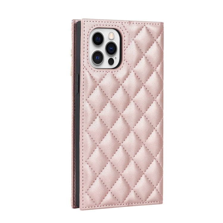 For iPhone 12 / 12 Pro Grid Texture Lanyard Zipper Leather Phone Case