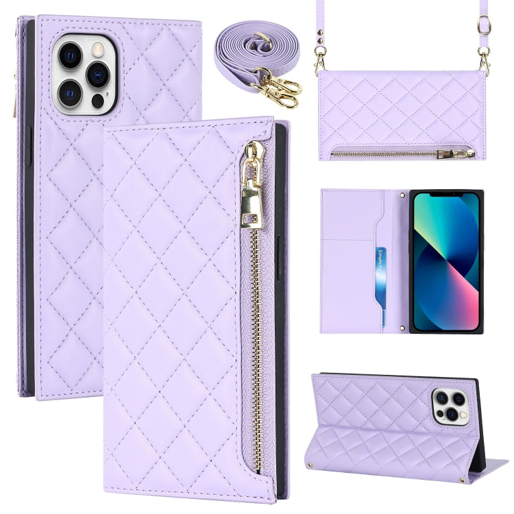 For iPhone 12 / 12 Pro Grid Texture Lanyard Zipper Leather Phone Case