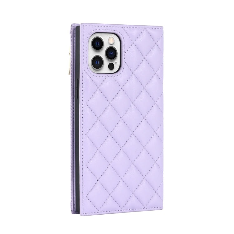 For iPhone 12 / 12 Pro Grid Texture Lanyard Zipper Leather Phone Case