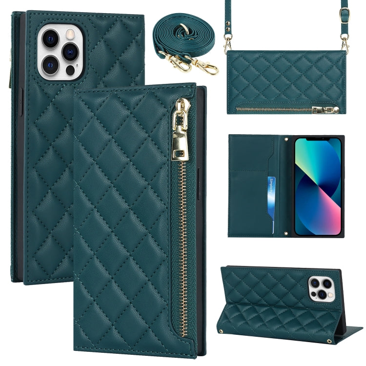 For iPhone 12 / 12 Pro Grid Texture Lanyard Zipper Leather Phone Case