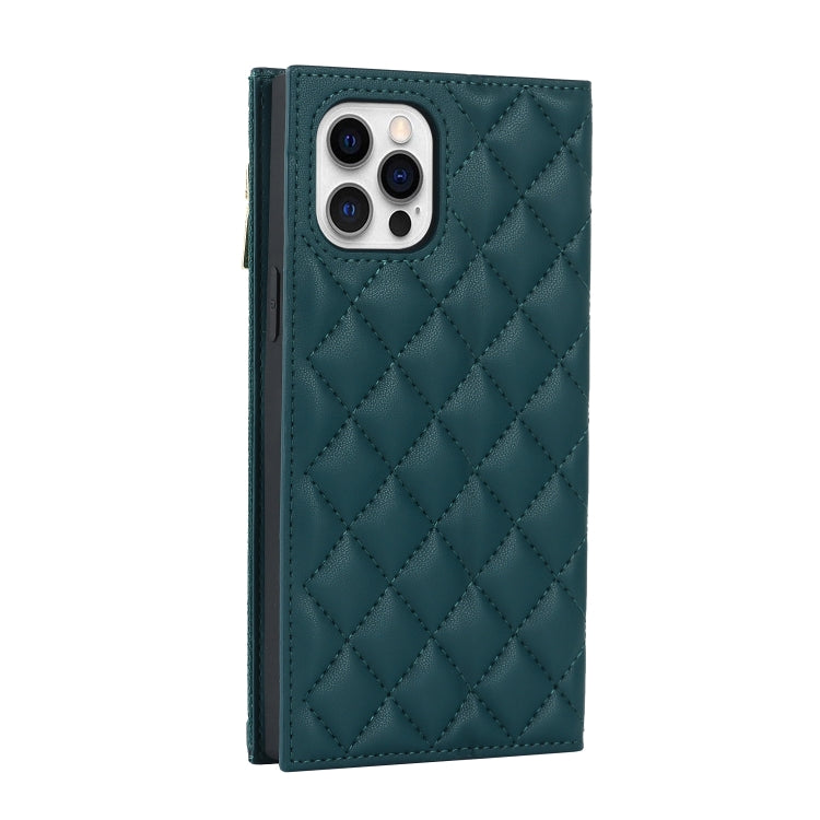 For iPhone 12 / 12 Pro Grid Texture Lanyard Zipper Leather Phone Case