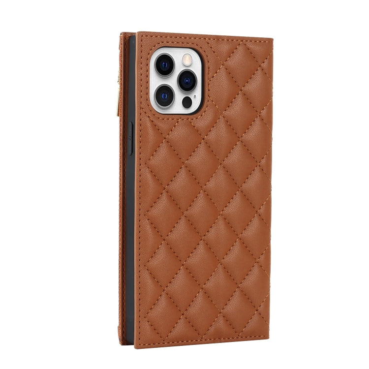 For iPhone 12 / 12 Pro Grid Texture Lanyard Zipper Leather Phone Case