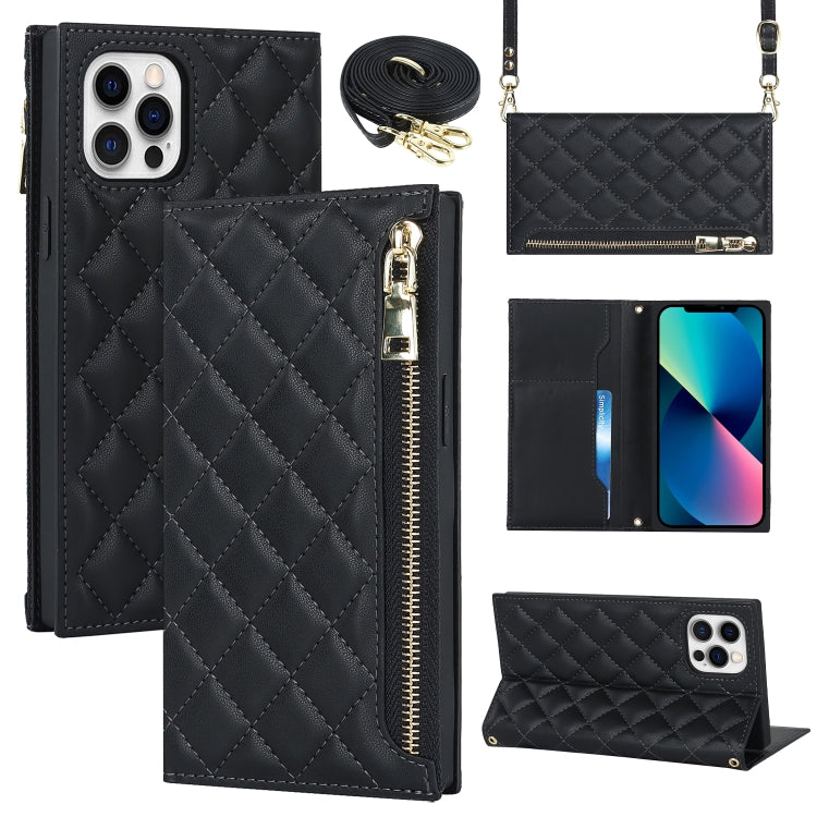For iPhone 12 / 12 Pro Grid Texture Lanyard Zipper Leather Phone Case