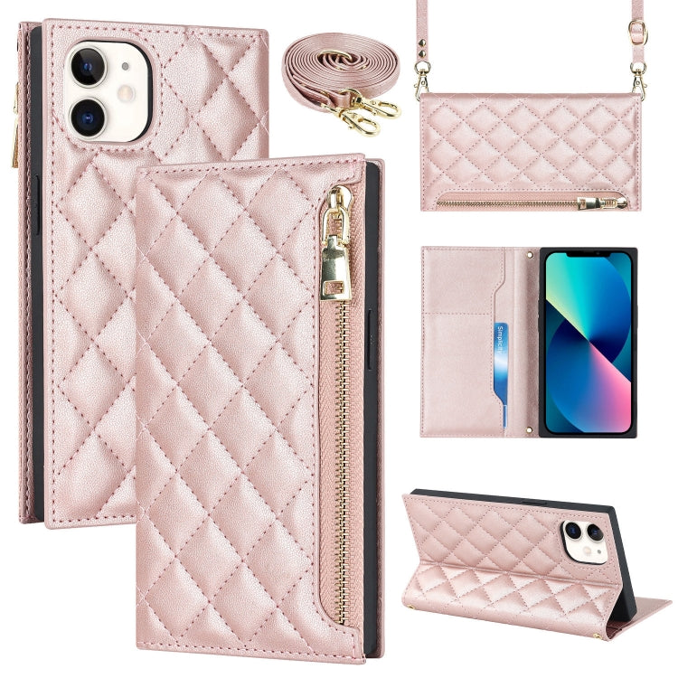 For iPhone 12 mini Grid Texture Lanyard Zipper Leather Phone Case