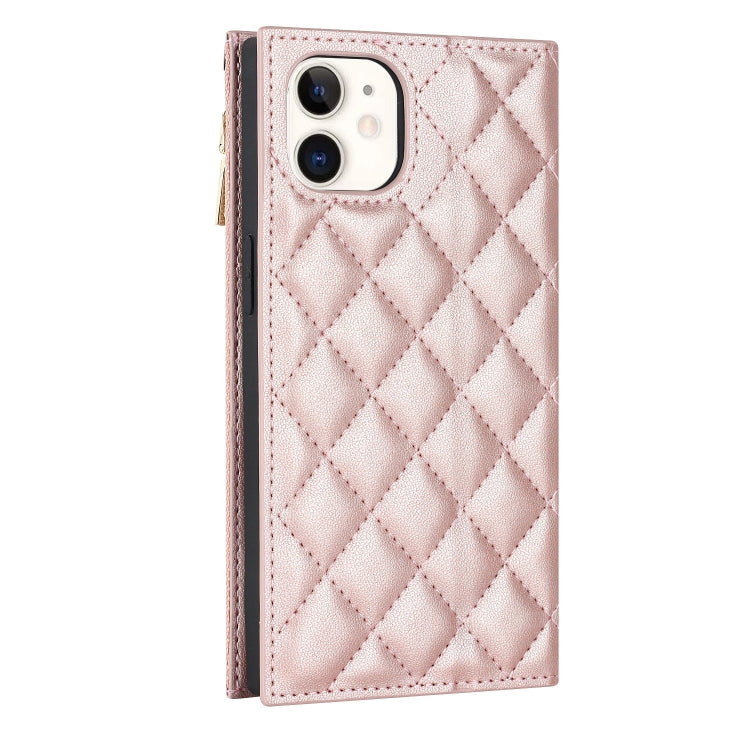 For iPhone 12 mini Grid Texture Lanyard Zipper Leather Phone Case