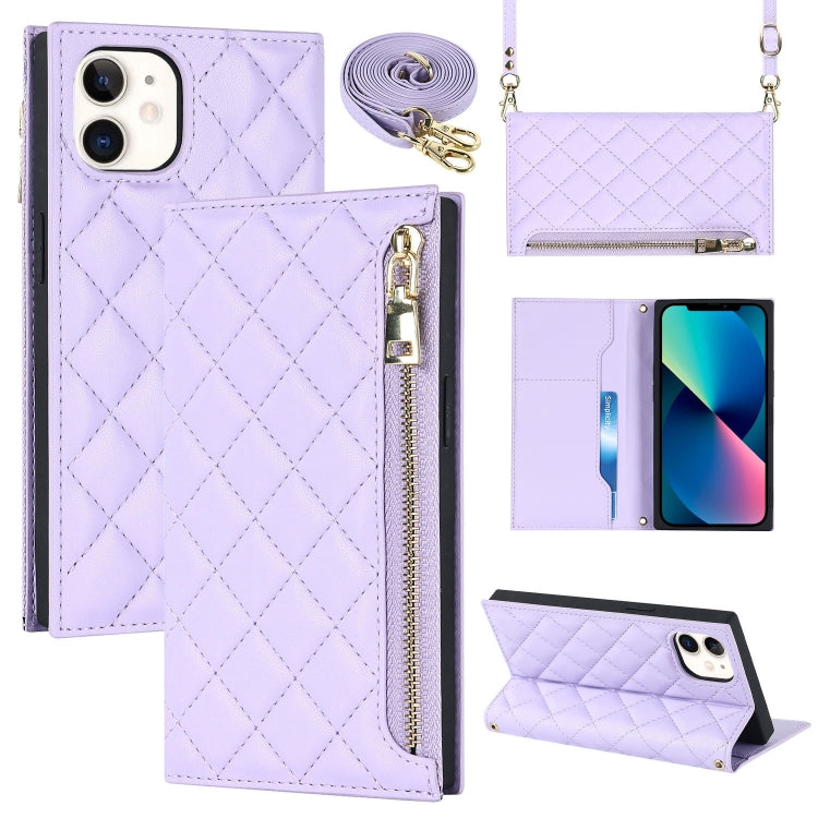 For iPhone 12 mini Grid Texture Lanyard Zipper Leather Phone Case