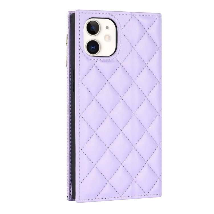 For iPhone 12 mini Grid Texture Lanyard Zipper Leather Phone Case