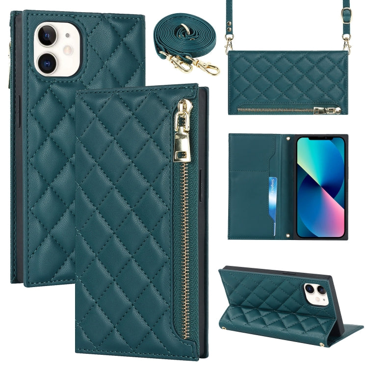 For iPhone 12 mini Grid Texture Lanyard Zipper Leather Phone Case
