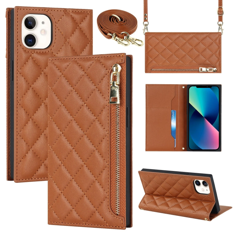 For iPhone 12 mini Grid Texture Lanyard Zipper Leather Phone Case