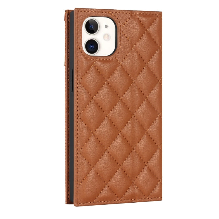 For iPhone 12 mini Grid Texture Lanyard Zipper Leather Phone Case