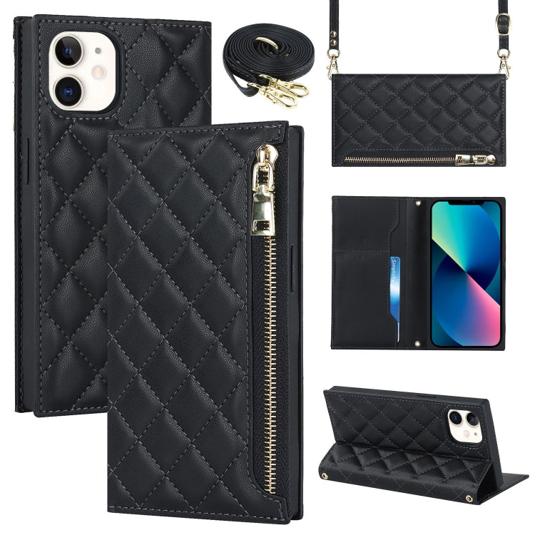For iPhone 12 mini Grid Texture Lanyard Zipper Leather Phone Case