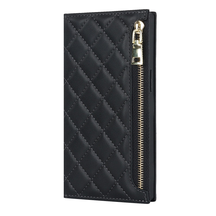 For iPhone 12 mini Grid Texture Lanyard Zipper Leather Phone Case