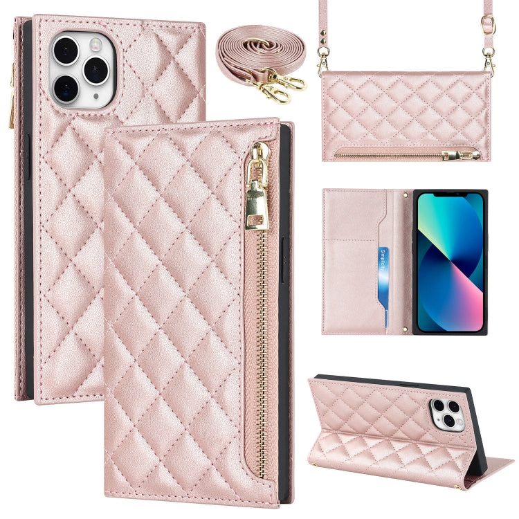 For iPhone 11 Pro Max Grid Texture Lanyard Zipper Leather Phone Case