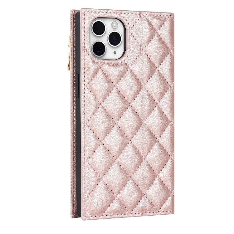 For iPhone 11 Pro Max Grid Texture Lanyard Zipper Leather Phone Case