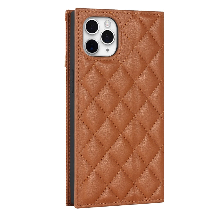 For iPhone 11 Pro Max Grid Texture Lanyard Zipper Leather Phone Case