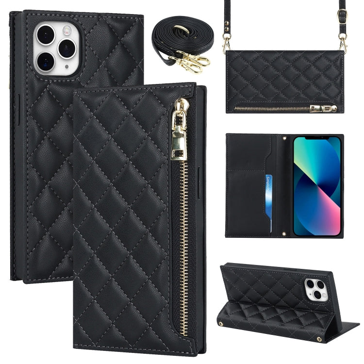 For iPhone 11 Pro Max Grid Texture Lanyard Zipper Leather Phone Case